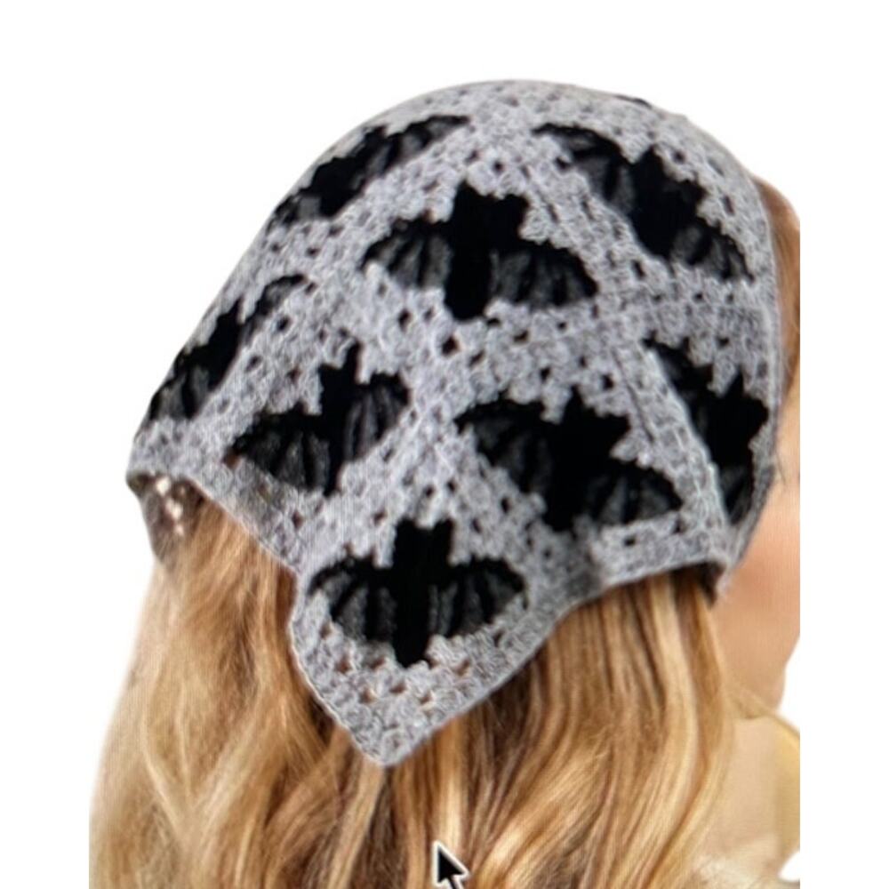 Gray Black Crochet Bat Triangle Bandana Hair Scarf O/S Whimsigoth Spooky - Picture 2 of 5